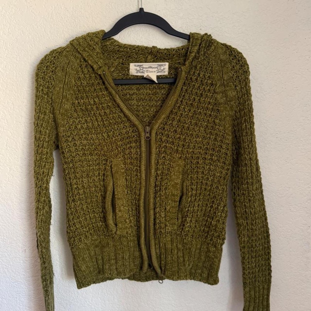 Tiara International Olive Green Open Knit Zip Up Hooded Cardigan Sweater Small